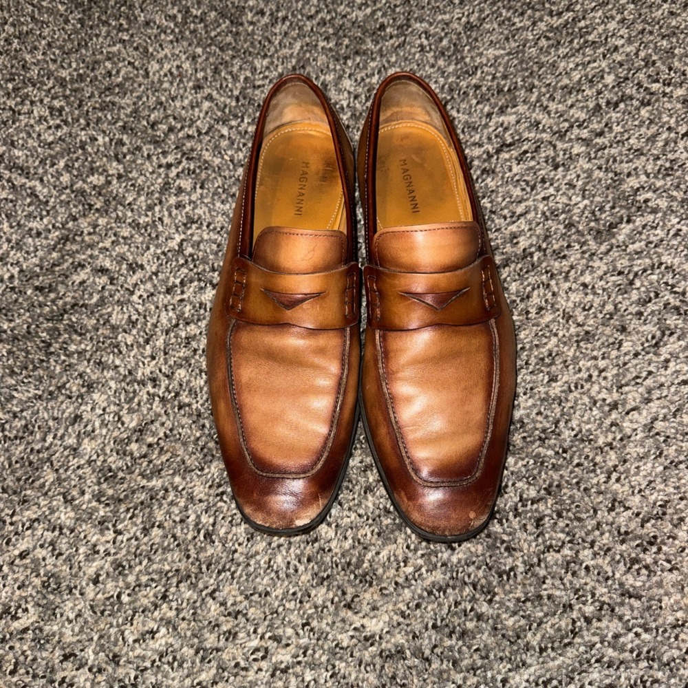 Magnanni Mens Leather Penny Loafers Tan Burnished Dress Shoes Size 7.5 M EU 40